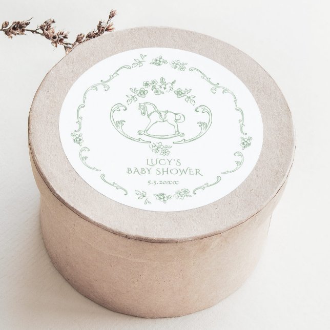 Toile de Jouy Sage Green Rocking Horse Baby Dusche Runder Aufkleber (Von Creator hochgeladen)