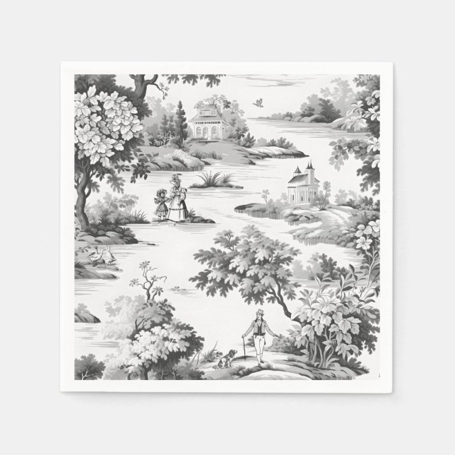 Toile de jouy, schwarz-weiß, Porzellan, Serviette (Vorderseite)