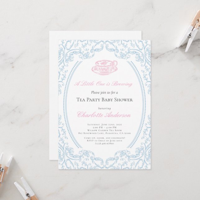 Toile de Jouy Tea Party Kinderdusche Einladung (Vorderseite/Rückseite Beispiel)