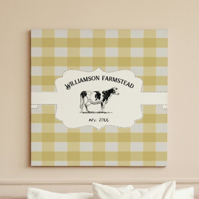 Toile de vache de ferme à Buffle jaune imprimé (Yellow Buffalo Plaid Farm Cow Canvas Print)