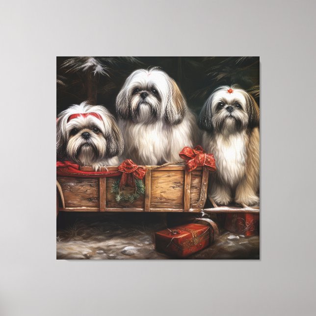 Toile Décor de Noël Lhasa Apso Snowy Sleigh (Recto)