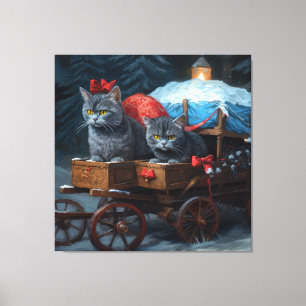 Toile Décor de Noël Oriental Blue Cat Snowy Sleigh