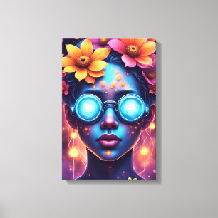 Toile Déesse Fleur Neon - Portrait Imaginaire Futuriste