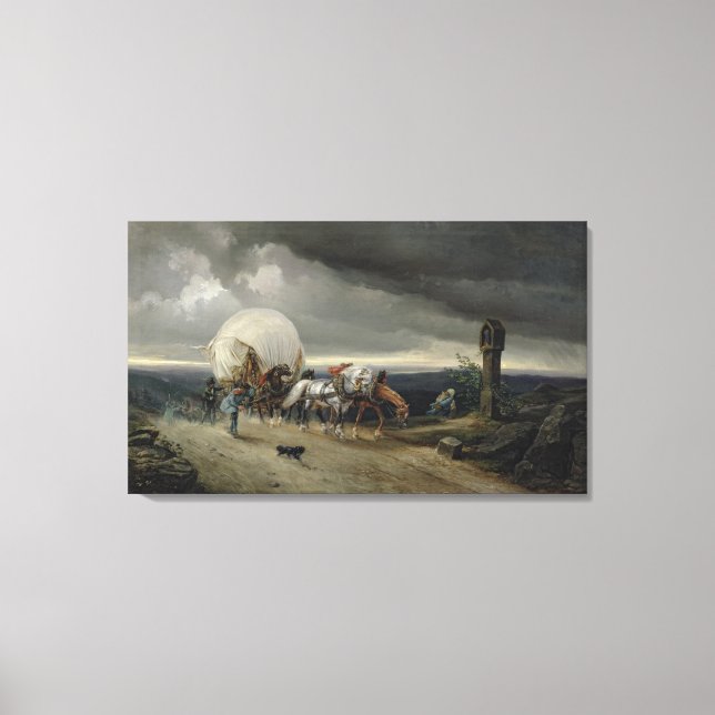 Toile Des chevaux dessinent des charrettes sur une colli (Recto)
