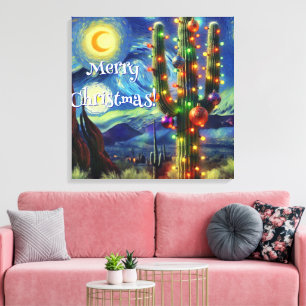 Toile Désert de Noël Saguaro Cactus Nuit Lune Bleu