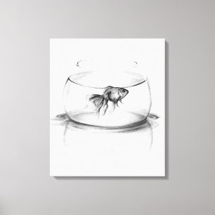 Toile Dessin au crayon d'un poisson rouge dans un bol et