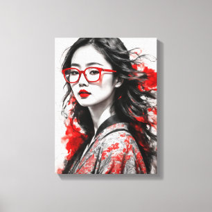 Toile Dessin d'une femme asiatique blanche noire