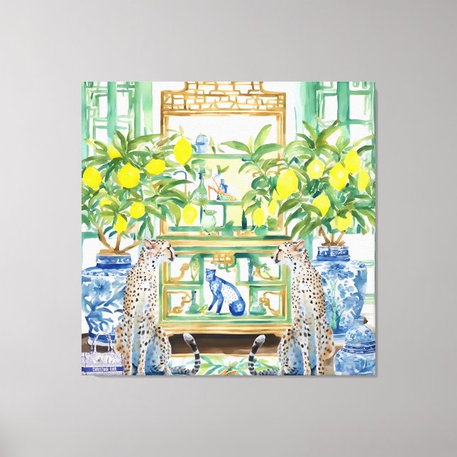 Toile Deux guépards en intérieur chinoiserie avec gingem (Recto)