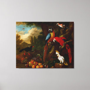 Toile Deux Macaws un Cockatoo et une Jay aux fruits