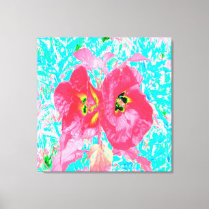 Toile Deux Rosy Red Coral Plum Crazy Hibiscus sur Aqua