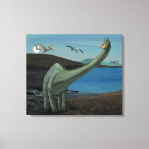 Toile Dinosaures au-dessus du lac à la Pleine lune