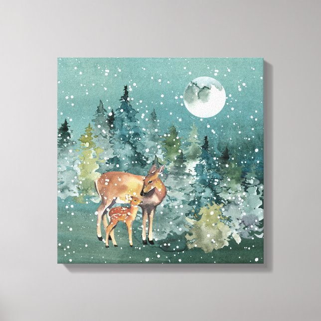 Toile Doe et chevreuils dans la Pleine lune forestière c (Recto)
