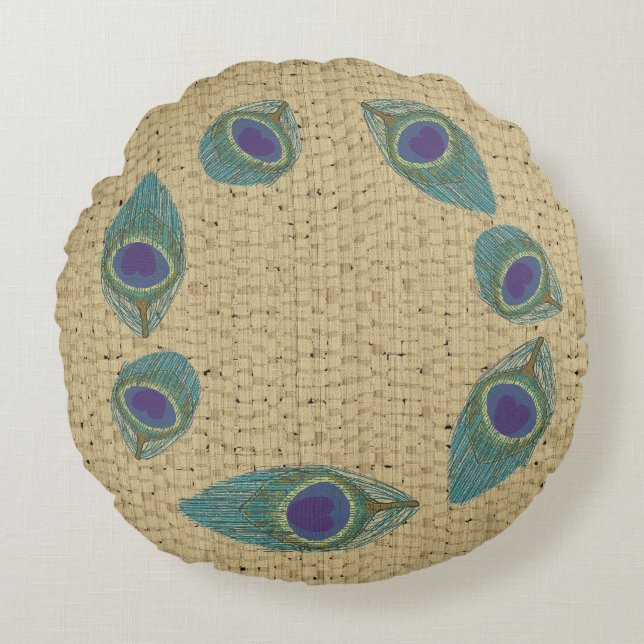 toile d'osier plumes de paon Coussin rond (Devant)
