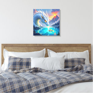 Toile Dragon blanc surréaliste et poisson d'or
