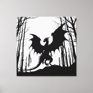 Toile Dragon noir en silhouette sur blanc - Imaginaire
