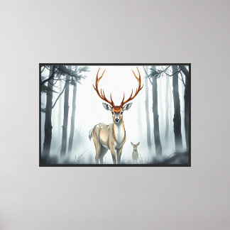 Toile Duo de cerfs dans une forêt brumeuse – Majestueuse