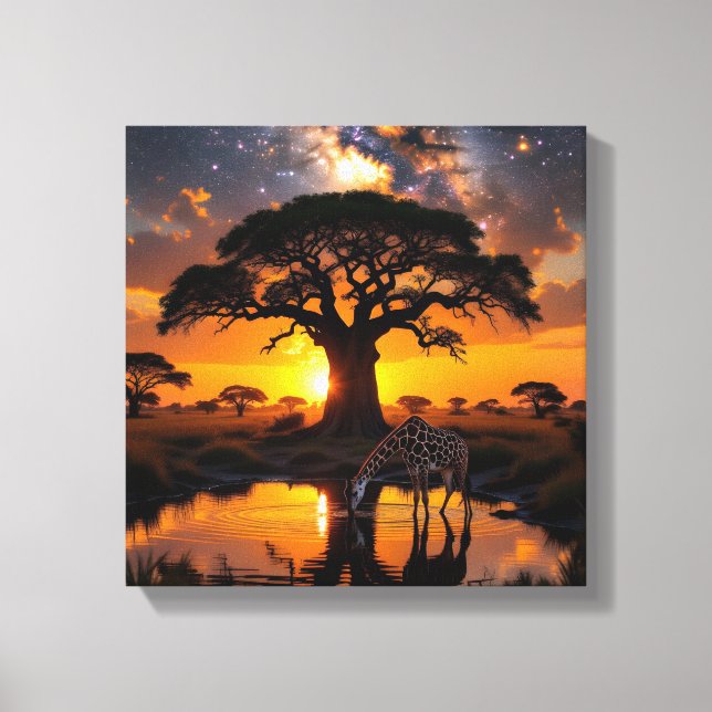 Toile Eau potable de girafe dans le coucher de soleil af (Recto)