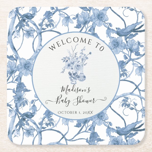 Toile Elegant Blumen Blau und White Baby Dusche Rechteckiger Pappuntersetzer (Vorderseite)