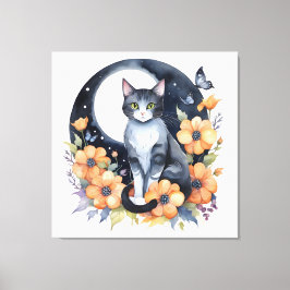Toile Élégant Chat noir Floral Moon Art Amoureux des cha