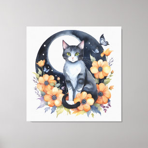 Toile Élégant Chat noir Floral Moon Art Amoureux des cha