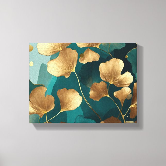 Toile Elégant Ginkgo feuille or & turquoise (Recto)