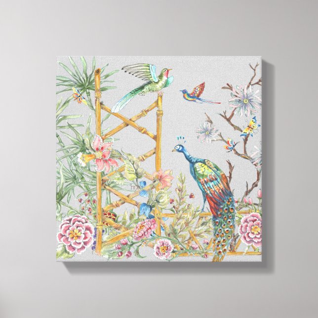 Toile Elégant gris tropical paon asiatique floral jolie (Recto)