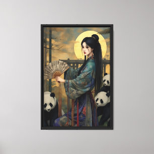 Toile Élégante Asiatique femme avec Pandas - Art clair d