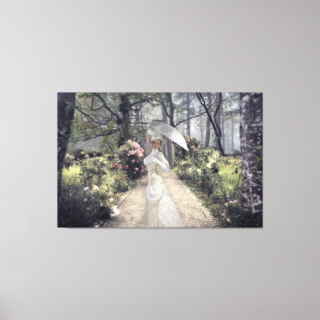 Toile Elégante Dame Avec Parapluie Blanc Au Bord Du Bois (Recto)