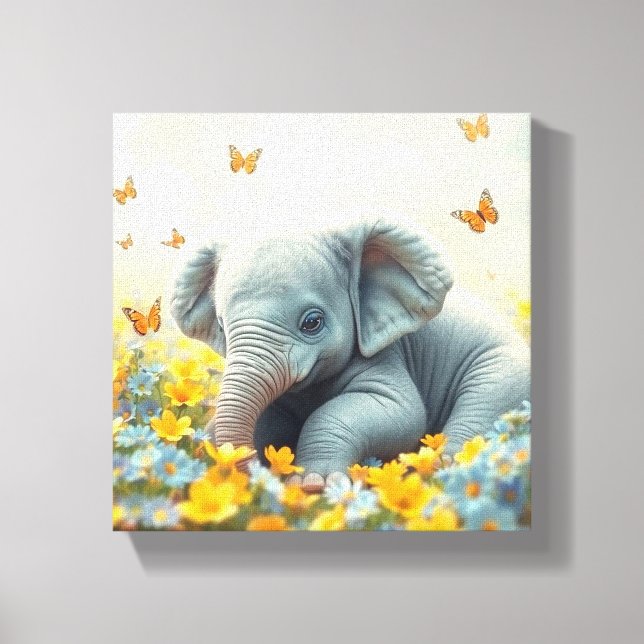 Toile Éléphant bébé dans les fleurs (Recto)