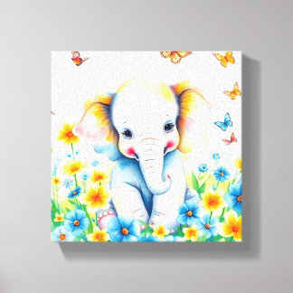 Toile Éléphant de bébé courant dans les fleurs