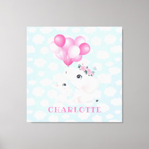 Toile Éléphant et Lapin Féminins avec Fleurs et Ballon