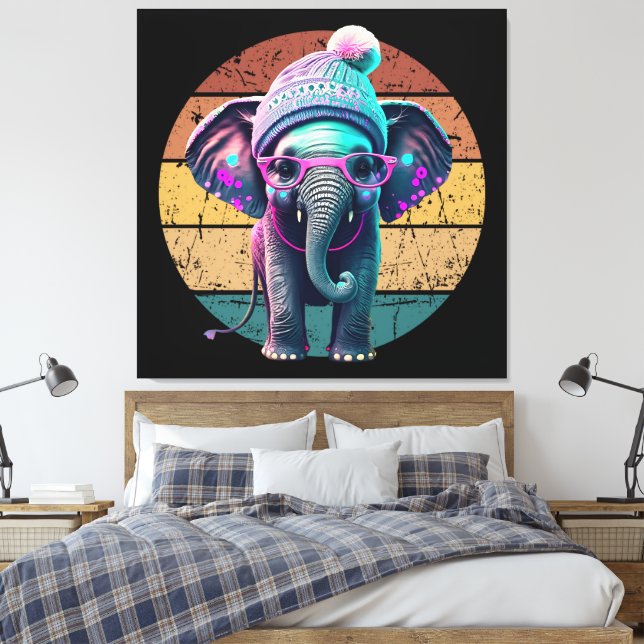 Toile Eléphant mignon bébé avec Beanie et lunettes roses (Insitu(Chambre))