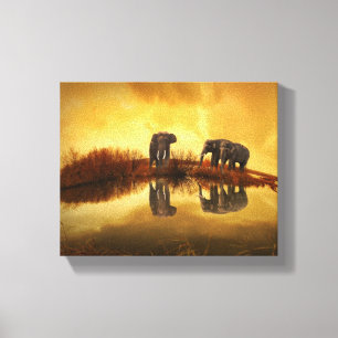 Toile Eléphants asiatiques en Thaïlande sous un coucher 