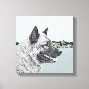 Toile Elkhound norvégien à la peinture de village - Chie