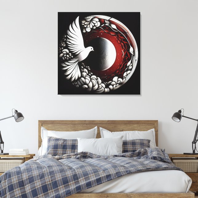 Toile Ethereal Dove Planet - Noir Ink et Red Mandala (Insitu(Chambre))