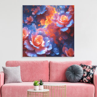 Toile Ethereal Floral Energy – Blue & Fiery Rose Art
