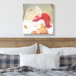 Toile Étreinte forestière : Fille lapin serrant un petit