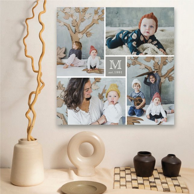 Toile Famille Carré moderne Monogramme Photo Collage Can (Modern Square Family Monogram 4 Photo Collage Canvas @ fat_fa_tin)