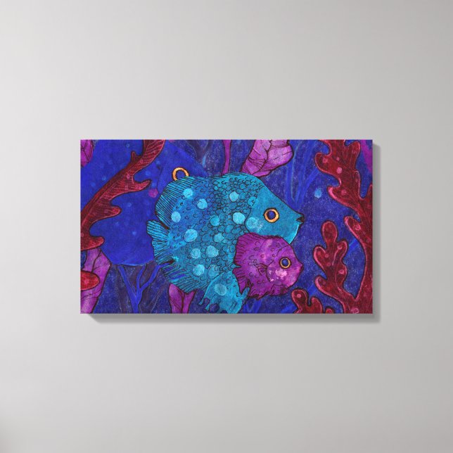 Toile Famille de poissons dans les algues, bleu et viole (Recto)