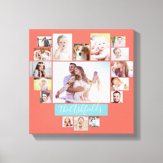 Toile Famille Photo Collage Coeur 17 Photos Nom Coral (Recto)