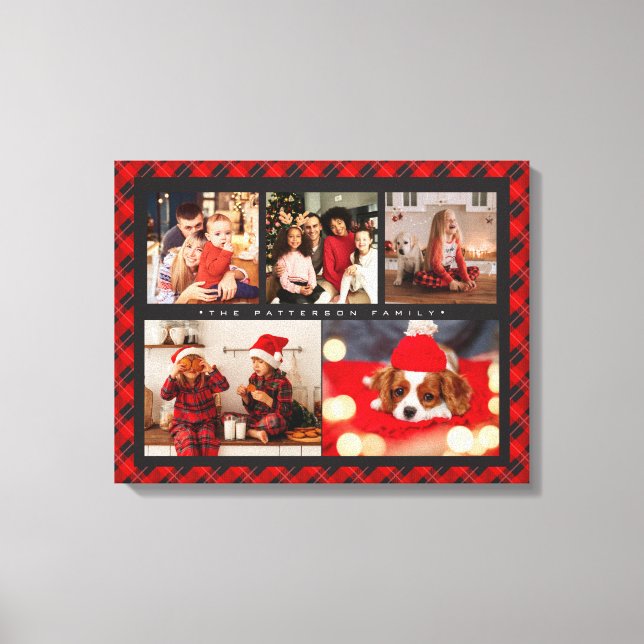 Toile Family Name 5 Photo Collage Red Plaid Modern (Recto)