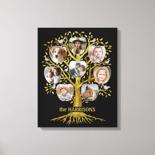 Toile Family Tree Photo Collage 8 Photos Nom Gold Black (Recto)