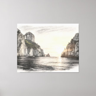 Toile Faraglioni cliffs over capri sea sunset drawing