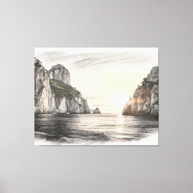 Toile Faraglioni cliffs over capri sea sunset drawing (Recto)