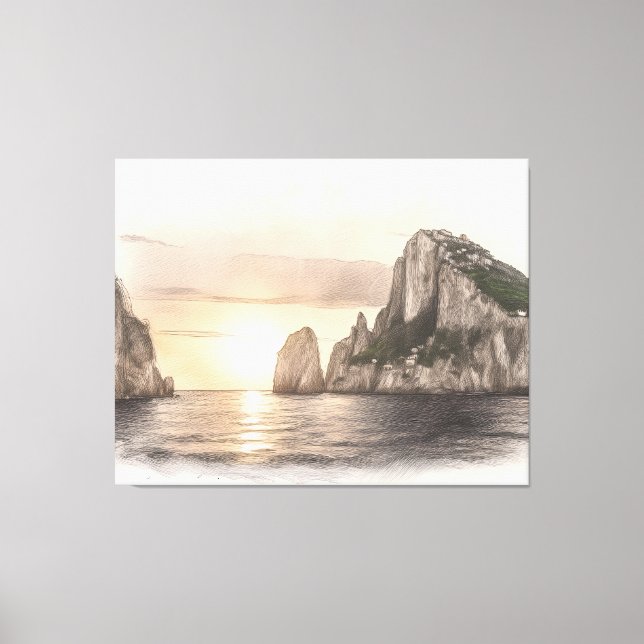 Toile Faraglioni sea stacks sketch at sunset (Recto)