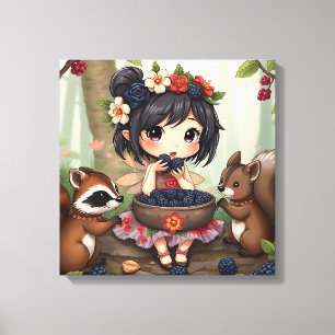 Toile Fée Chibi mangeant des mûres avec des amis de la f