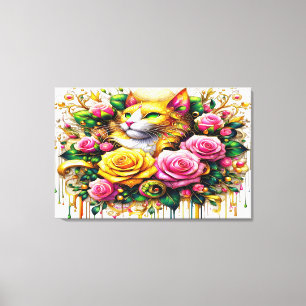 Toile Feline au milieu d'une floraison vibrante 36x24