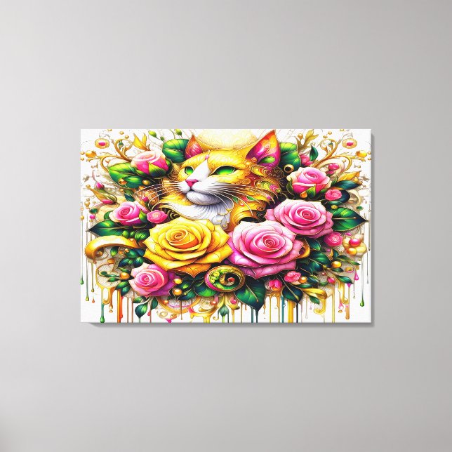 Toile Feline au milieu d'une floraison vibrante 36x24 (Recto)
