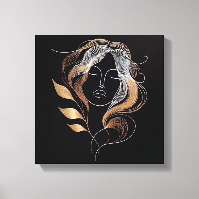Toile Feminine Line Art with Golden Leaf Flow (Recto)