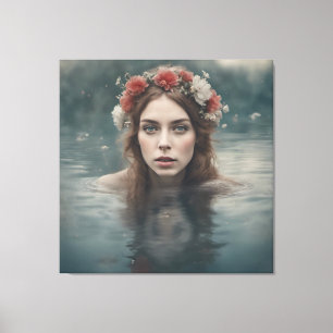 Toile Femme aux fleurs sur la tête flottant dans un étan